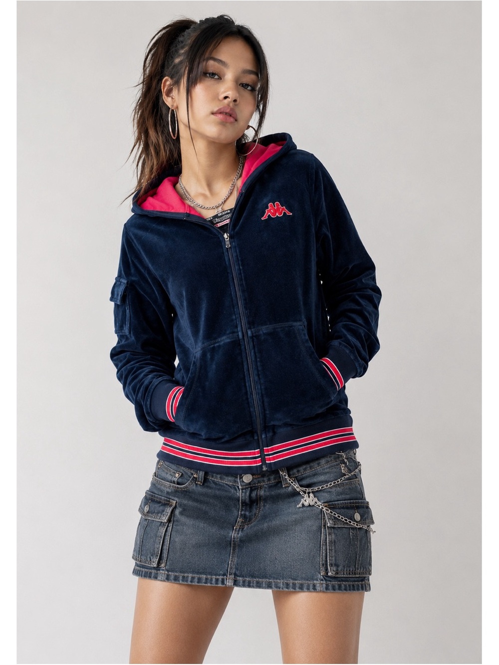 VTG Y2K 90s Kappa Woman Blue Velvet Zip-Up Hoodie Sweater MEDIUM Streetwear
